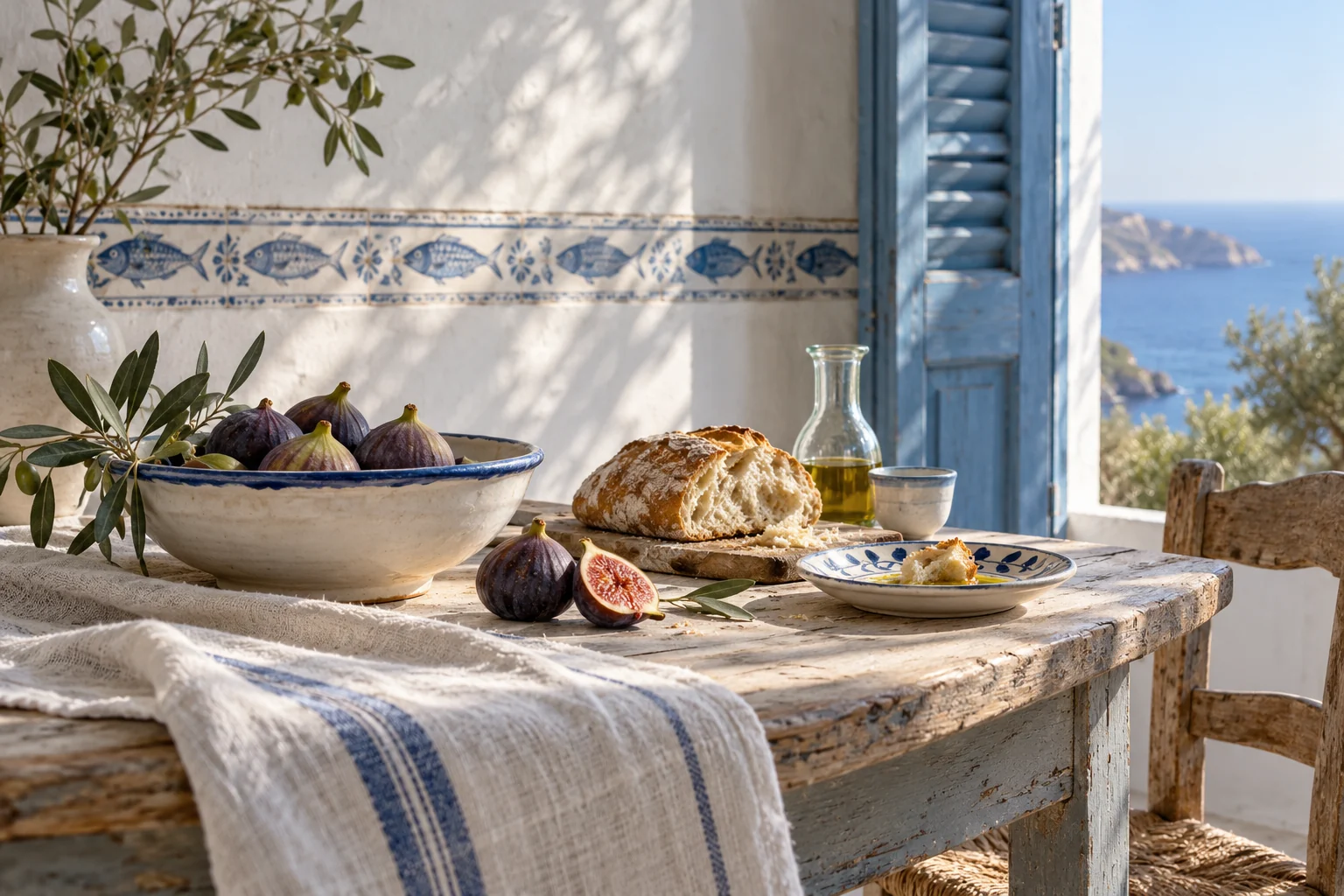 Taula mediterrània amb plats clars, figues i llum de matí