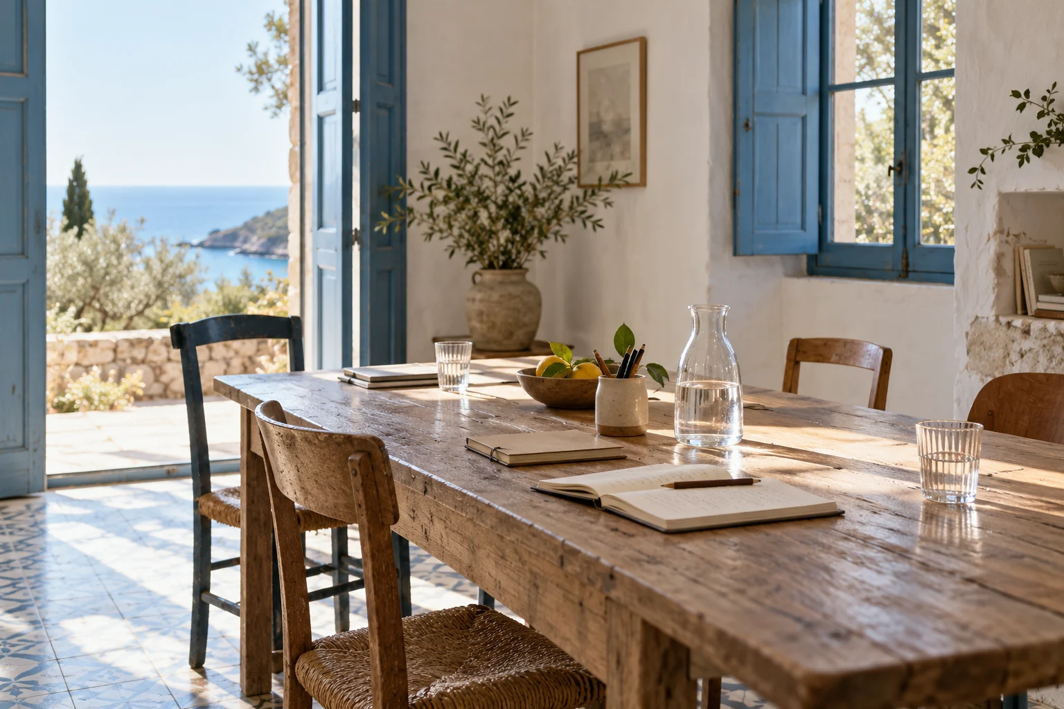 Taula de treball en una casa mediterrània oberta al mar
